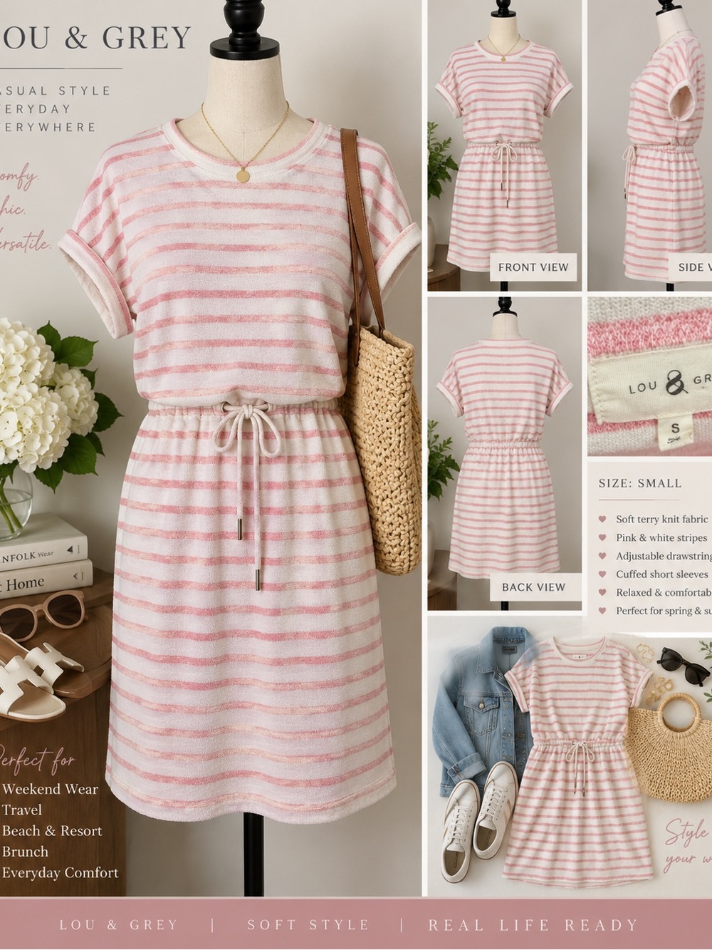 Lou & Grey Pink & White Striped Cozy Terry Drawstring Dress